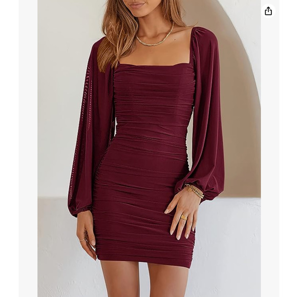 Anrabess Women's Square Neck Mesh Sleeve Ruched Bodycon Dress - Wine Red S NWT - Picture 3 of 3